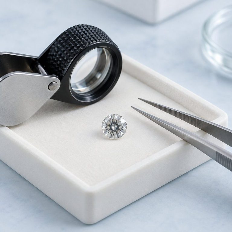Loose diamond, jeweller’s loupe and tweezers on a pale surface