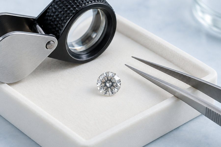 Loose diamond with a jeweller’s loupe and tweezers for diamond grading