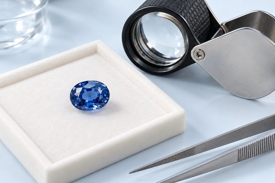 Coloured gemstones beside a jeweller’s loupe for gemstone evaluation