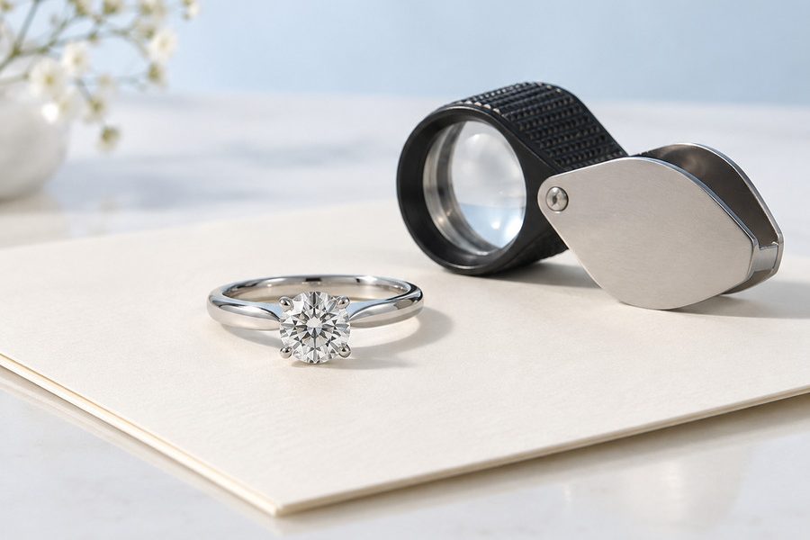 Diamond ring and jeweller’s loupe on blank stationery for jewellery appraisal